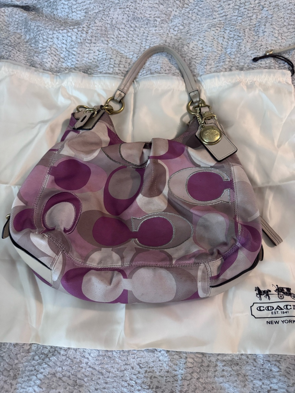 Vintage Coach Mia Signature Scarf Print Pink Canvas Hobo Bag